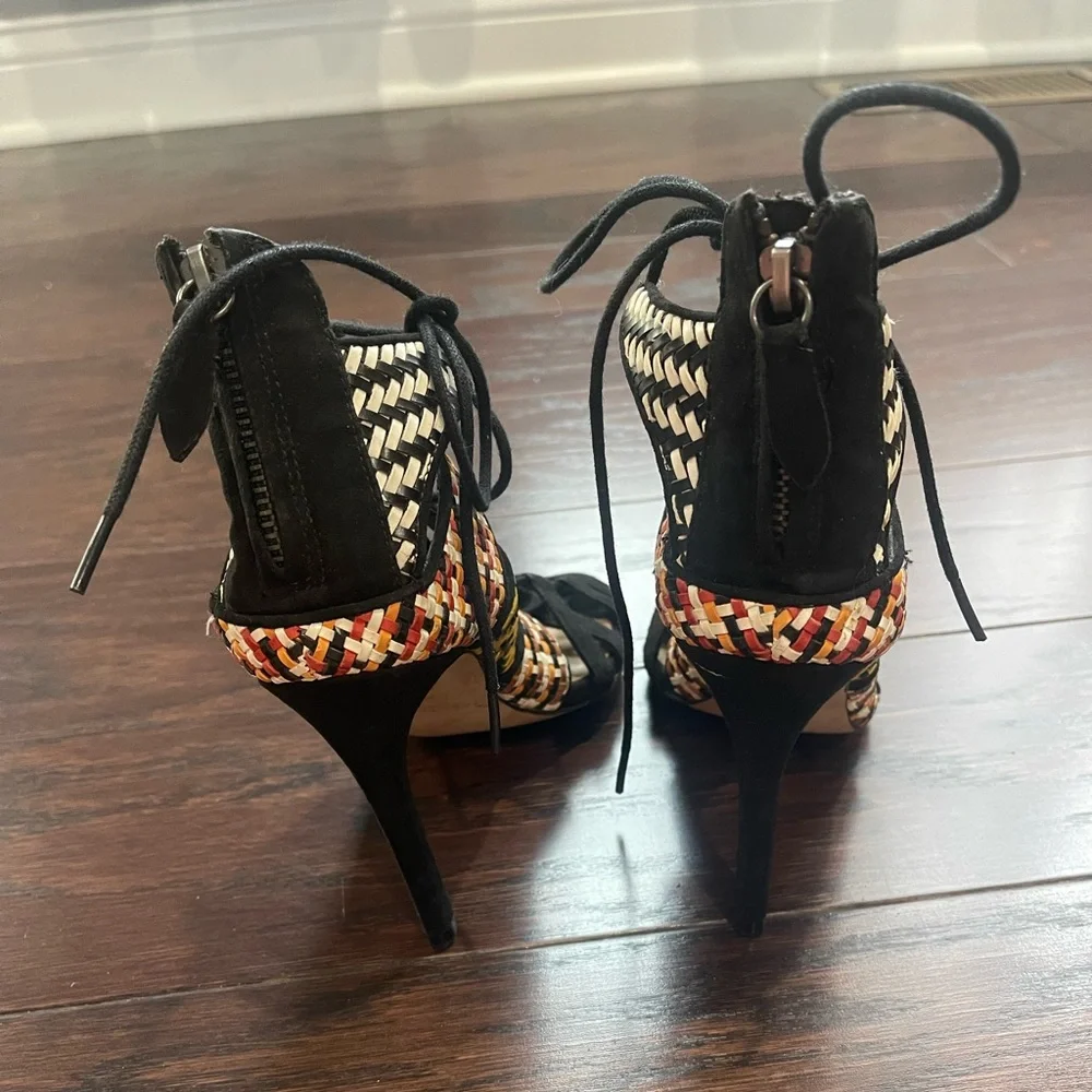 ZARA Women Lace Up Heels Black Aztec Woven Stilettos Sandals Size 36 /5.5